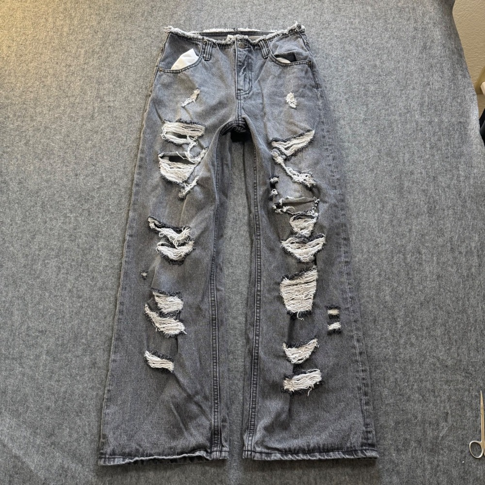 X-girl Distressed Wide Leg Jeans Washed Black Ripped Denim Womens Small